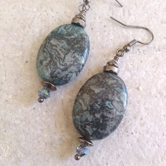 Unique Crazy Lace Agate Earrings - Darker Blue Gray - Gunmetal Black Hardware - Picture 2 of 6